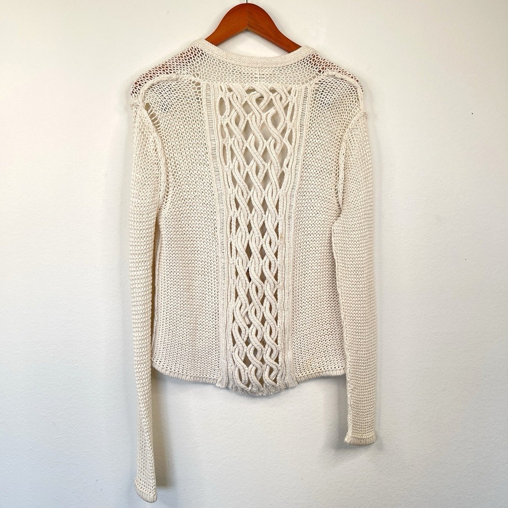 Inhabit Cotton Knit Cardigan Size S Ivory Intricate Back Hand-Knit Boho Coastal